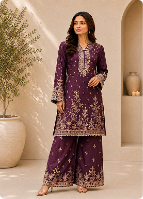 Royal Plum Embroidered Kurti Set